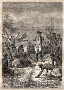 Troisième voyage (1776-1779) du capitaine James Cook (1728-1779) : Cook est accueilli par les indigènes (Hawaï) - illustration tirée de "Les grands marins du XVIIIe siècle" - Unknown artist