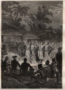 Troisième voyage (1776-1779) du capitaine James Cook (1728-1779) : une fête sur les îles des Amis (royaume des Tonga, Polynésie) - illustration tirée de « Les Grands Navigateurs du XVIIIe siècle » - Unknown artist