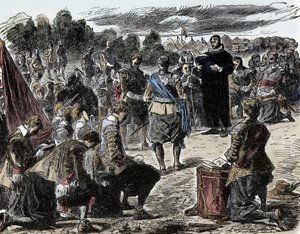 Guerre de Trente Ans : Les Suédois en prière avant la bataille de Lützen - Guerre de Trente Ans (1618-1648) : Le roi Gustave II Adolphe de Suède (1594-1632) et ses troupes se rassemblent pour une célébration religieuse avant la bataille de Lützen (1632)