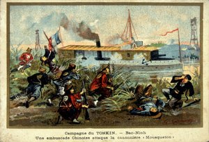 Campagne du Tonkin : à Bac-Ninh, une embuscade chinoise attaque le canonnière "Carabiner" - chromo., fin 19e siècle - Unknown artist