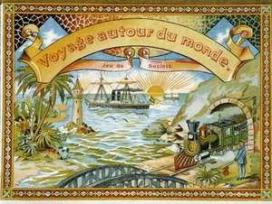 Train, phare et bateau, couverture du jeu « Voyage autour du monde », 19e siècle