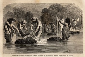 Voyageurs lavant leur linge sale dans la rivière, avec des peons boliviens, dans les environs de Maniri (Bas Pérou). Gravure pour illustrer le voyage dans les vallées de Quinquinas, par Paul Marcoy, en 1849-1861, publiée dans « Le tour du monde » 18 - Unknown artist