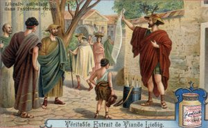 Libraire ambulant dans la Grèce antique. Chromolithographie, image Liebig - Unknown artist