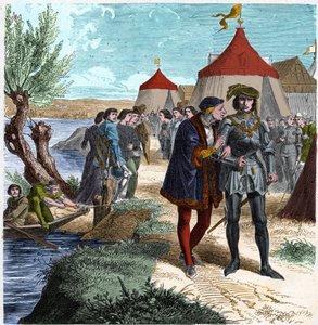 Traité de Conflans le 5/10/1465 entre le roi de France Louis XI et Charles de Charolais (plus tard Charles le Téméraire) mettant fin à la révolte des nobles ou Ligue du Bien public. Gravure dans « Histoire De France En Cent Tableaux » par Paul Lehugeur, 18