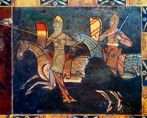 Deux chevaliers sur le côté du filet allant au combat (détail)