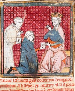 Deux messagers annoncent à Charlemagne (742-814) la victoire sur les Sarrasins. Miniature tirée de "Grandes Chroniques de France" 1375-1379 Bibliothèque municipale, Castres - Unknown artist