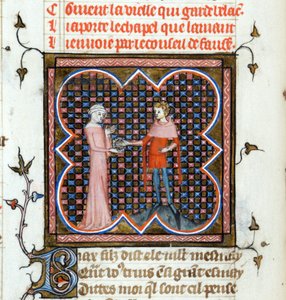 Un jeune homme et une vieille femme - Page enluminée tirée du manuscrit "Le Roman de la Rose" de Guillaume de Lorris et Jean de Meun vers 1353 - Unknown artist