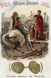 Vercingétorix (72-46 av. J.-C.), chef de la rébellion gauloise, dépose les armes aux pieds de César (100-44 av. J.-C.), après avoir définitivement perdu la ville d