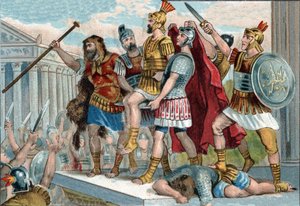 Vespasien (en latin Titus Flavius Vespasianus) (9-79) fut proclamé empereur par ses soldats. Chromolithographie vers 1890.