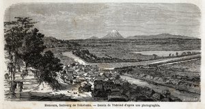 Vue de Homoura, banlieue de Yokohama, avec le mont Fuji en arrière-plan. Gravure pour illustrer le voyage au Japon en 1863-1864, par Aimé Humbert, ministre de la Confédération suisse, dans "Le tour du monde, nouveau journal des voyages", publié sous la dir - Unknown artist