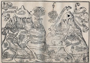 Vue du Mont Sibille (Paradis de la Reine Sybille) (Double carte du Mont Pilate et du Mont Sibylle) - Antoine de La Sale (La Salle) écrivain satirique français du 15ème siècle - Unknown artist