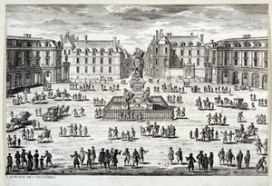 Vue de la Place des Victoires à Paris avec la statue de Louis XIV érigée par le maréchal de la Feuillade en 1686. Gravure du XVIIe siècle Paris, Musée Carnavalet - Unknown artist