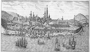 Vue de la ville de Québec au Canada (fin XVIIe siècle) : A. Jardin du fort. B. Le fort. C. Poudrière. D. Les Récollets. E. Ursulines. F. Les Jésuites. G. La cathédrale. H. Le séminaire. I. Hôtel-Dieu. L. Hôpital général. M. L