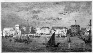 Vue de la ville de Zanzibar en Afrique. À gauche, le consulat français. À droite, le palais du sultan et l