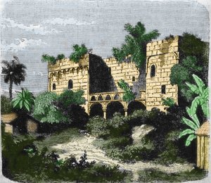 Vue de la maison "Alcazar de Colón" construite par Christophe Colomb pour son fils Diego Colomb (Diego Colon y Moniz) (1480-1526), sur une île de Saint-Domingue. Gravure du 19ème siècle
