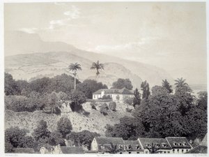 Vue des maisons prises du Boulevard de la Comédie à Saint Pierre en Martinique aux Antilles. Estampe d