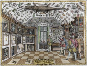 Vue du musée (cabinet) de curiosités (musée encyclopédique) du pharmacien Ferrante Imperato (1550-1631). Gravure de 1678. Musée de l