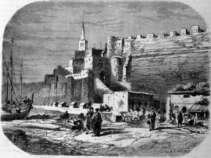 Vue du port de la ville fortifiée de Tanger et de la côte, Maroc. Gravure de 1860