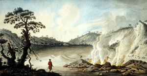 Vue de la solfatare, terrain volcanique émanant de fumées chaudes et de gaz sulfurés. Pozzuoli près de Naples. 19ème siècle. - Unknown artist
