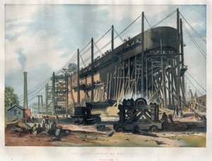 Vue de la poupe du paquebot transatlantique « Great Eastern » (Leviathan) en construction au chantier naval de la Tamise à Londres. Gravure dans « The Illustrated London News » du 7 novembre 1857 - Unknown artist