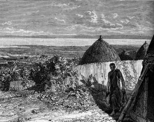 Village sur les rives du lac Albert Nyanza (ou lac Albert), Afrique. Gravure dans "Le Journal de la jeunesse"