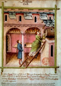 Vinaigre : une jeune femme remplit une cruche. Enluminure du « Tacuinum sanitatis » - Unknown artist