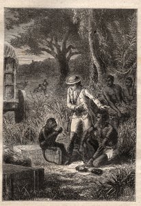 Voyage dans la Cafrerie (Afrique du Sud) (1781) par François Levaillant (Le Vaillant) (1753-1824) : Levaillant et son singe dégustateur Maître Kees, qui goûte les fruits et racines pour vérifier qu
