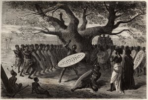 Exercices guerriers des Landines ou caffres-zoulous, à Sena (région du fleuve Zambèze, Mozambique). Gravure pour illustrer les premiers voyages du Dr Livingstone en Afrique australe de 1840 à 1856, dans « Le tour du monde, nouveau journal des voyages » pub - Unknown artist