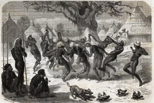 Danse de bienvenue par les femmes de la tribu, au retour de Baker et de sa femme du lac Albert (Albert Nyanza). Gravure pour illustrer le voyage au lac Albert, en 1861-1864, de Sir Samuel White Baker, dans Le tour du monde, nouveau journal des voyages - Unknown artist