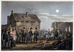 Wellington et Blücher se rencontrant par hasard à Waterloo - dans « Anecdotes historiques, militaires et navales et incidents survenus aux armées de Bretagne et leurs alliés, se terminant à Waterloo » par Edward Orme, ill. par Atkinson, Londres - Unknown artist