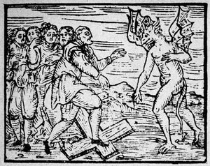 Sorcellerie : le diable et les hommes marchant sur la croix catholique - gravure