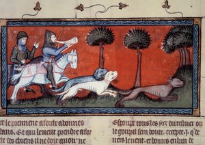 Chasse au loup. Miniature du manuscrit fr. 1297 « Livre du Roi Modus et de la Reine Ratio » par Henri de Ferrières (14e siècle)