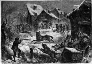 Chasse au loup dans le village de Saliers, Bouches-du-Rhône (13), 31 décembre 1860. Gravure dans 