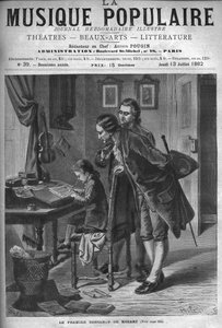 Wolfgang Amadeus Mozart écrivant un concerto pour clavecin en présence de son père Leopold et Andreas Schachtner en 1762 - gravure dans « La musique populaire » journal hebdomadaire illustré - 1882 - Unknown artist