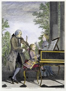 Wolfgang Amadeus Mozart enfant au piano entouré de son père Leopold au violon et de sa sœur Marianne au chant (gravure) - Unknown artist