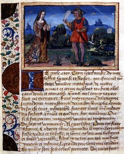 Femme et homme dans un paysage - enluminure, dans "Livre des pudens et impudens des âges passés" par Catherine d