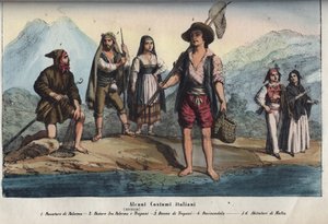Femmes et hommes portant des costumes traditionnels siciliens - Pêcheur de Palerme, berger entre Palerme et Trapani, femme de Trapani, poissonnier, habitants de Malte. Gravure de « Usi e Costumi di Tutti i Popoli dell