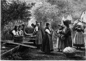 Femmes faisant la lessive en Alsace. Gravure dans le journal illustré « La jeunesse »