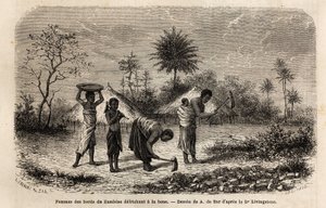 Femmes des rives du Zambèze défrichant une houe, et initiant les enfants au travail agricole. Gravure pour illustrer les premiers voyages du Dr Livingstone en Afrique australe de 1840 à 1856, dans « Le tour du monde, nouveau journal des voyages » publié so