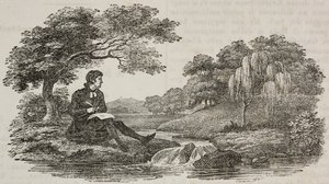 Écrivain sous un arbre devant un ruisseau, illustration de Teatro universale, Raccolta enciclopedica e scenografica, No 575, 19 juillet