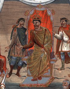 (détail) : Charles II le Chauve (823 - 877), Roi de France recevant une délégation de moines de Tours. Fac-similé en chromolithographie du XIXe siècle d