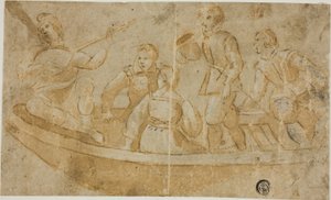 Trois hommes, une femme et un joueur de luth dans un bateau