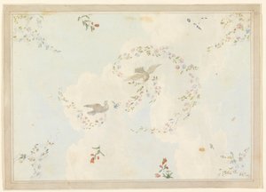 Dessin, décor de plafond avec colombes et guirlandes de fleurs, peut-être pour le hall d