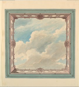 Dessin, plafond avec balcon ajouré et ciel ouvert, peut-être pour un jardin d