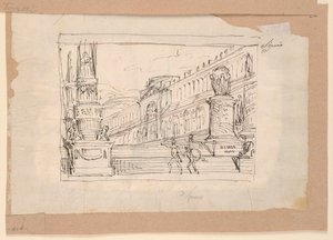 Dessin, motif de rideau, soldats sur une volée de marches, début du XIXe siècle