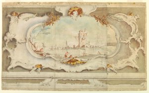 Dessin, cartouche décoratif avec un paysage, vers 1770