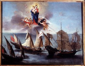 Un bateau de Gênes attaqué par une galiote et une demi-galère barbare. Ex-voto 1796. Museo navale di Genova-Pegli - Unknown artist