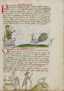 Un roi trônant parlant à un paon ; un berger tuant un bélier ; un berger avec un bâton et un couteau devant deux chèvres.