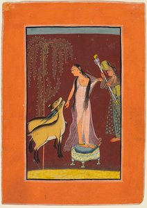 Une dame avec une servante et une paire de cerfs : probablement Gujari Ragini de Dipak, d