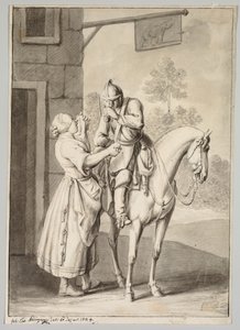 Un soldat en armure devant une taverne - Unknown artist